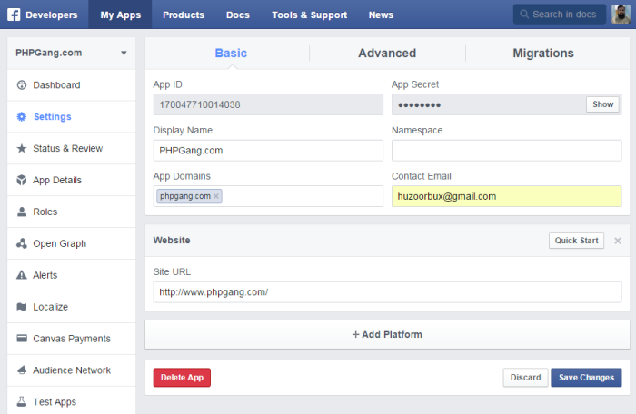 create facebook application form saved
