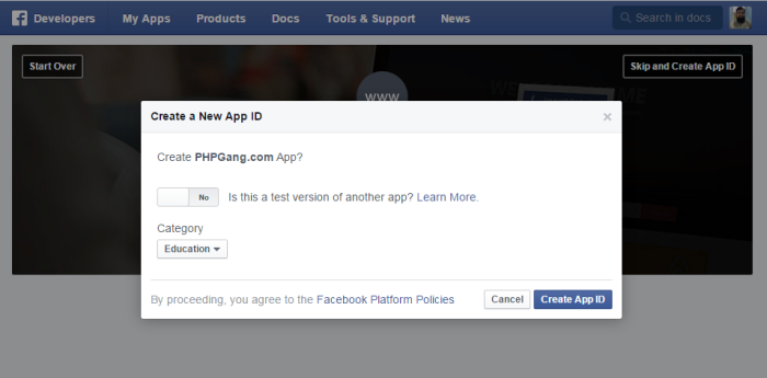 create facebook application select category