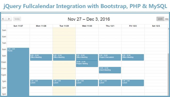 jQuery Fullcalendar Integration with Bootstrap, PHP & MySQL